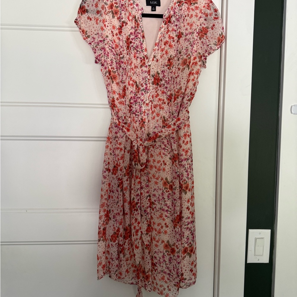 MSK Pink and Red Floral Midi Dress